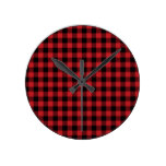 Red Buffalo Plaid Pattern Round Wall Clocks