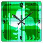 Rustic green plaid bears square wall clock