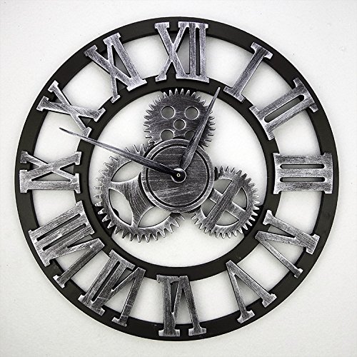 18″handmade Oversized 3d Retro Rustic Decorative Luxury Art Big Gear Wooden Vintage Large Wall Clock on the Wall for Gift (Silver)