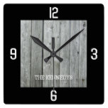 Custom Name Rustic Wood Planks Black Square Wall Clock