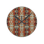Orange Red Brown Blue Native Tribal Mosaic Pattern Round Wall Clock