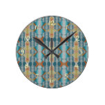 Orange Yellow Teal Native Tribal Mosaic Pattern Round Wallclock
