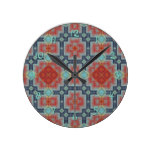 Red Blue Teal Native Tribal Mosaic Pattern Round Wall Clocks
