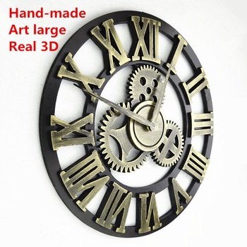 Handmade Oversized 3d Retro Rustic Decorative Luxury Art Big Gear Wooden Vintage Large Wall Clock on the Wall for Gift