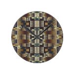 Teal Blue Gray Brown Rustic Cabin Mosaic Pattern Round Clock