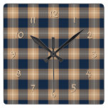 Classic Dark Blue Brown Lumberjack Plaid Pattern Square Wallclocks