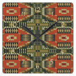 Rustic Olive Green Burnt Orange Mosaic Pattern Square Wallclocks