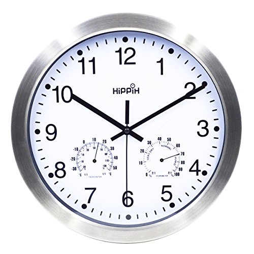 Hippih Silent Non-ticking Wall Clock- Metal Frame Glass Cover, 12 inches
