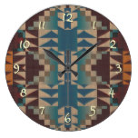 Orange Brown Red Teal Blue Tribal Mosaic Pattern Clock