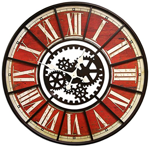 Large Wall Clock with Decorative Gear Look Red 32″ Quartz movement