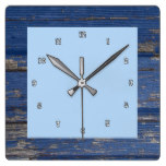 Blue Faux Wood Frame Square Wall Clock