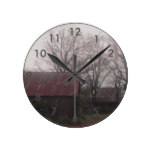 Country Barn Rustic Winter Scene Autumn Americana Round Clock