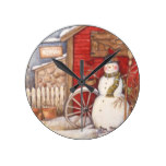Rustic Snowman Winter Scene Round Clock