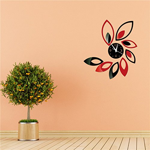 Acrylic Mirror Wall Clock Bedroom Decoration Wall Clocks – (Red+Black)