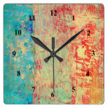 Abstract Art Texture Painting Turquoise Red Green Square Wall Clock