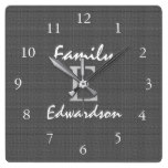 Modern rustic dark gray burlap monogram name square wall clock