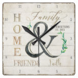 Farmhouse Shiplap Wood Home Friends Family Name Square Wall Clock