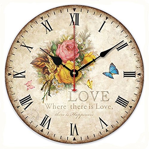SkyNature Romantic Decorative Wooden Wall Clock French Style with Roman Numerals (12 Inch, Rose Love)