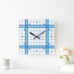 Classic Blue Farmhouse Plaid Pattern On White Square Wall Clock