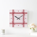 Classic Dark Red Farmhouse Plaid Pattern On White Square Wall Clock