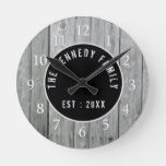 Gray Wood Country Farmhouse Family Name Round Clock