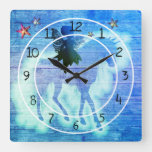 Colorful Blue Green Unicorn Decorative Square Wall Clock