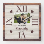 Rustic Wood Wedding Anniversary Couple Photo Square Wall Clock