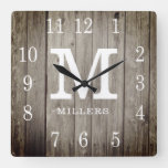 Rustic Personalized Wood Farmhouse Monogram Name Square Wall Clock
