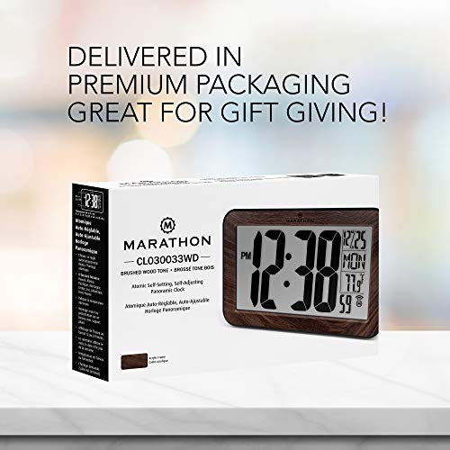 Marathon Commercial Grade Panoramic Autoset Atomic Digital Wall Clock with Table or Desk Stand, Date, and Temperature, 8 Time Zone, Auto DST, Self Setting, Self Adjusting, Batteries Included (Wood)