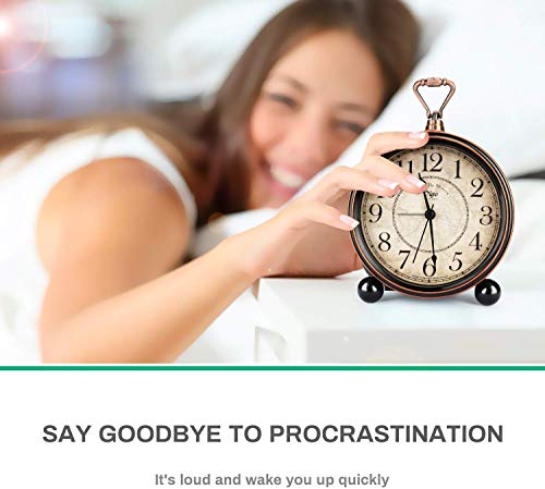 Classic Retro Alarm Clock, INTSUN Bed Alarm Clock Battery Operated Desk Clock Metal Silent Alarm Clock for Bedrooms, Non Ticking (Black, Battery Excluded)