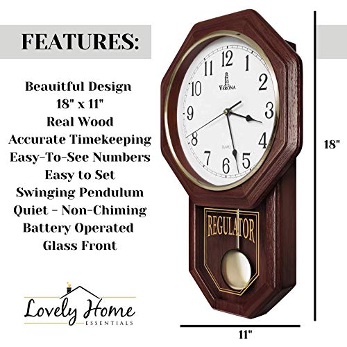 Pendulum Wall Clock – Decorative Wood Wall Clock with Pendulum – Schoolhouse Clock Regulator Design, Battery Operated & Silent, Wooden Pendulum Clock for Living Room, Office, Home Decor & Gift 18″x11″