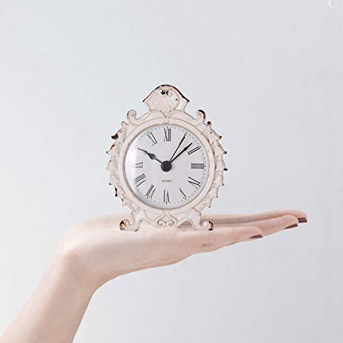 NIKKY HOME Baroque Style Pewter Quartz Small Table Clock 3.12” by 1.35” by 3.87”, White