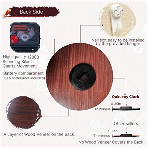 Qukueoy Vintage Farmhouse Kitchen Wall Clocks Battery Operated Rooster Analog Clock for Dinning Living Room Decor,Thicken Wood Board,Non-Ticking (12inch, Red)