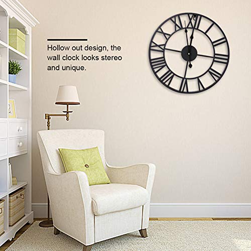 Infinity Time Metal Round Shaped Oversized Antique Industrial Iron Skeleton Roman Numerals Silent Non Ticking Home Decor Wall Clock-24inch,Classic Matt Black