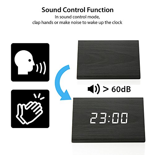OCT17 Wooden Wood Clock , 2020 New Version LED Alarm Digital Desk Clock Adjustable Brightness, Alarm Time, Displays Time Date Temperature – Black (White Light)