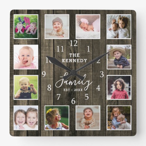 Custom 12 Photo Collage Family Name Quote Wood Square Wall Clock