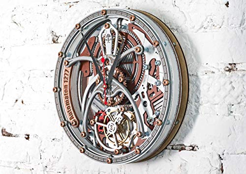 Automaton Tourbillon 1277 White Gray Custom made Wall Clock, Handcrafted Steampunk Decor, Mechanical moving Gears, Wooden Home Kitchen Living Room and Office design, Personalized Decorative Art, Gift