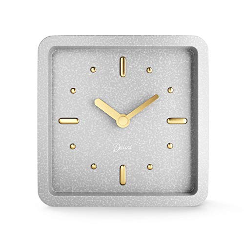 Driini Modern Mid Century Desk and Table Analog Clock (Concrete with Gold) – Battery Operated with Silent Sweep Movement â€“ Small Square Desktop Clocks for Mantel, Nightstand, Office, or Bedrooms
