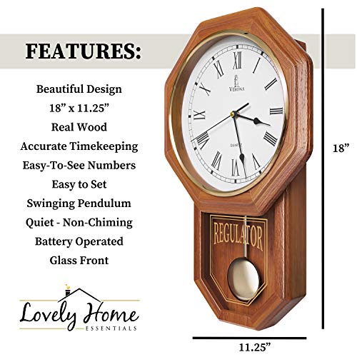 Pendulum Wall Clock – Decorative Wood Wall Clock with Pendulum – Schoolhouse Clock Regulator Design, Battery Operated & Silent, Wooden Pendulum Clock for Living Room, Office, Home Decor & Gift 18″x11″