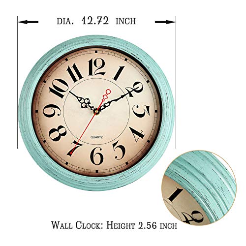 KECYET Wall Clock, Vintage Country Style, 12 Inch Quality Battery Operated, Easy to Read Decorative for Living Room, Kitchen, Home(Aqua)