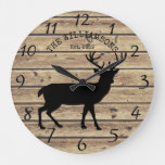 Rustic Family Name Wood Cabin Deer Buck Large Clock