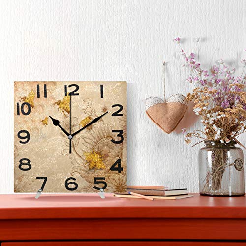 ZzWwR Chic Vintage Honey Bees and Sunflowers Print Square Wall Clock, 8 Inch Battery Operated Quartz Analog Quiet Desk Clock for Home,Office,School