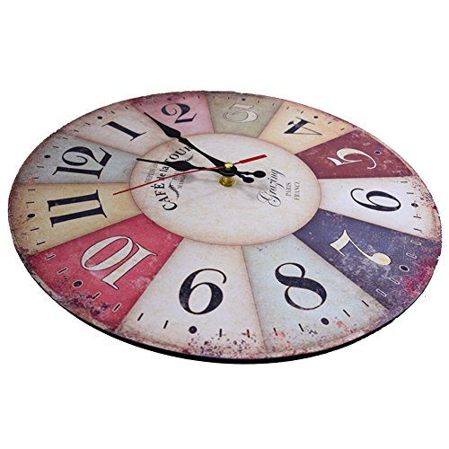 Grazing 12″ Vintage Rustic Country Tuscan Style Arabic Numerals Wooden Decorative Round Wall Clock (Colorful)
