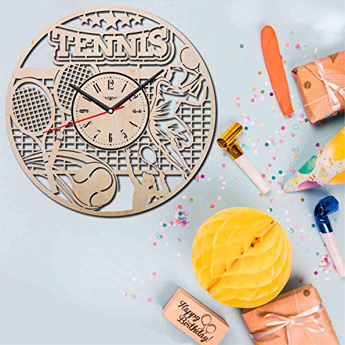 KovalStudio Tennis Wall Clock – Battery Operated Non Ticking Clocks – Wood Modern Wall Decor – Office Nursery Decorative Clocks – Custom Gift Birthday Christmas Anniversary – Size 12 Inch