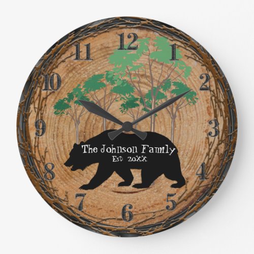 Wood Cabin with Black Bear Large Clock