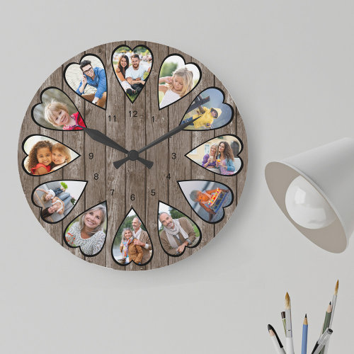 Heart Shaped Photos Rustic Dark Wood Large Clock