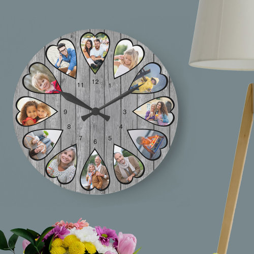 Heart Shaped Photos Rustic Gray Wood Large Clock