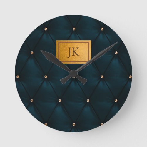 Elegant Green Leather,Diamonds,Monogram   Round Clock