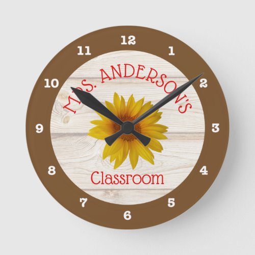 Classroom Rustic Daisy Teacher Round Clock