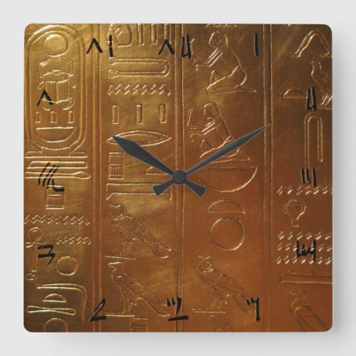 GOLDEN ANCIENT EGYPTIAN HIEROGLYPHS SQUARE WALL CLOCK